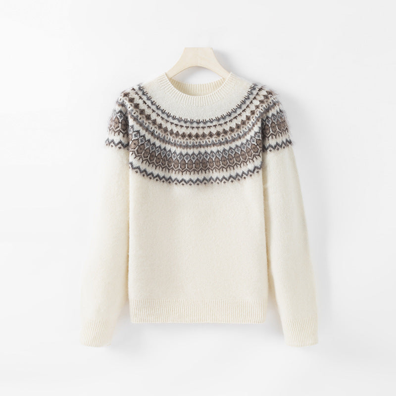 Women's wool sweater with zipper and jacquard pattern