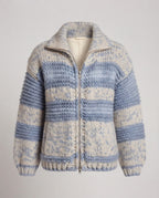 Women Oversize Chunky Knit Sweater with Block Stripes and Stand Collar Fashion Glam