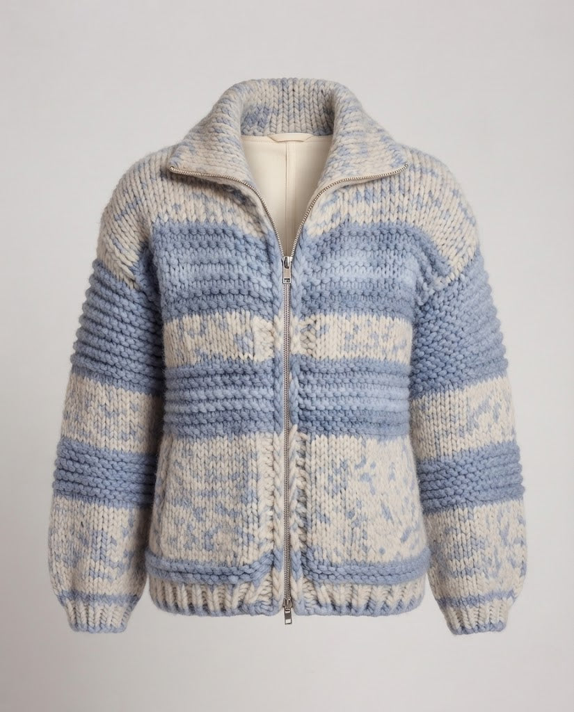Women Oversize Chunky Knit Sweater with Block Stripes and Stand Collar Fashion Glam