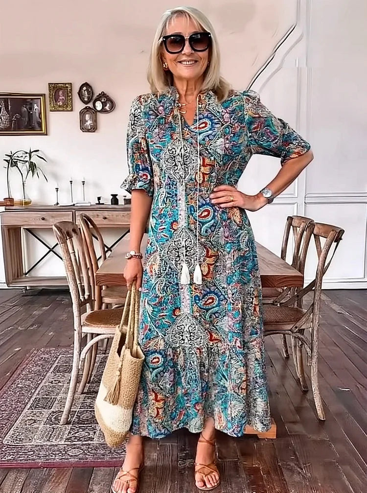 LUNESTRA – BOHO DRAWSTRING NECK MAXI DRESS
