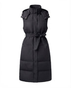 Ladies long cut padded sleeveless coat with hood, tie belt and side zip slits