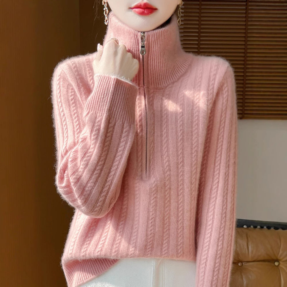 Women's wool sweater with cable pattern and half zipper