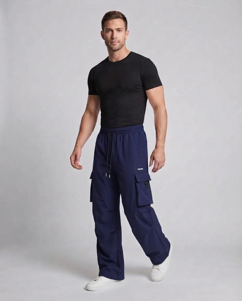 Men's Casual Cargo Baggy Pants with Drawstring Waist, Multifunctional Pockets & Straight Leg Fashion Glam