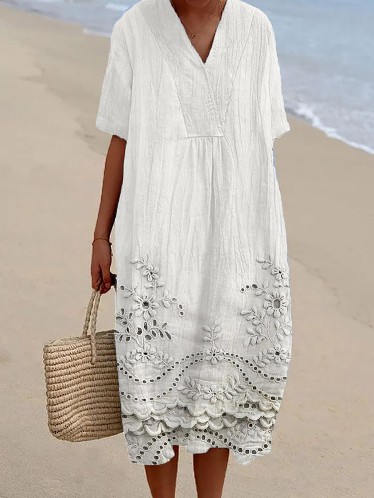 ORIANA – COTTAGE FLORAL EMBROIDERED LACE HEM DRESS