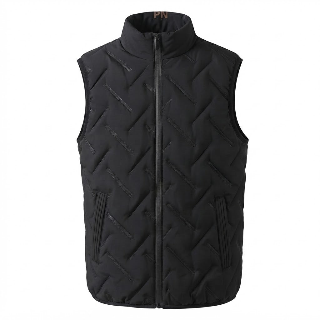 Men's light padded chevron quilted vest with high stand-up collar and concealed zip pockets