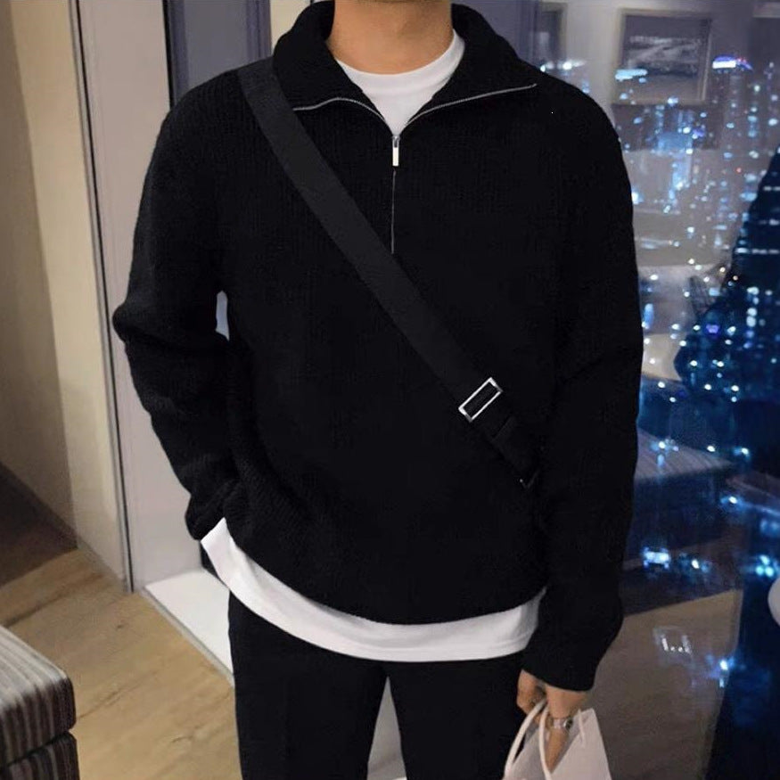 Men's Knit Sweater with Stand-Up Collar and Zipper