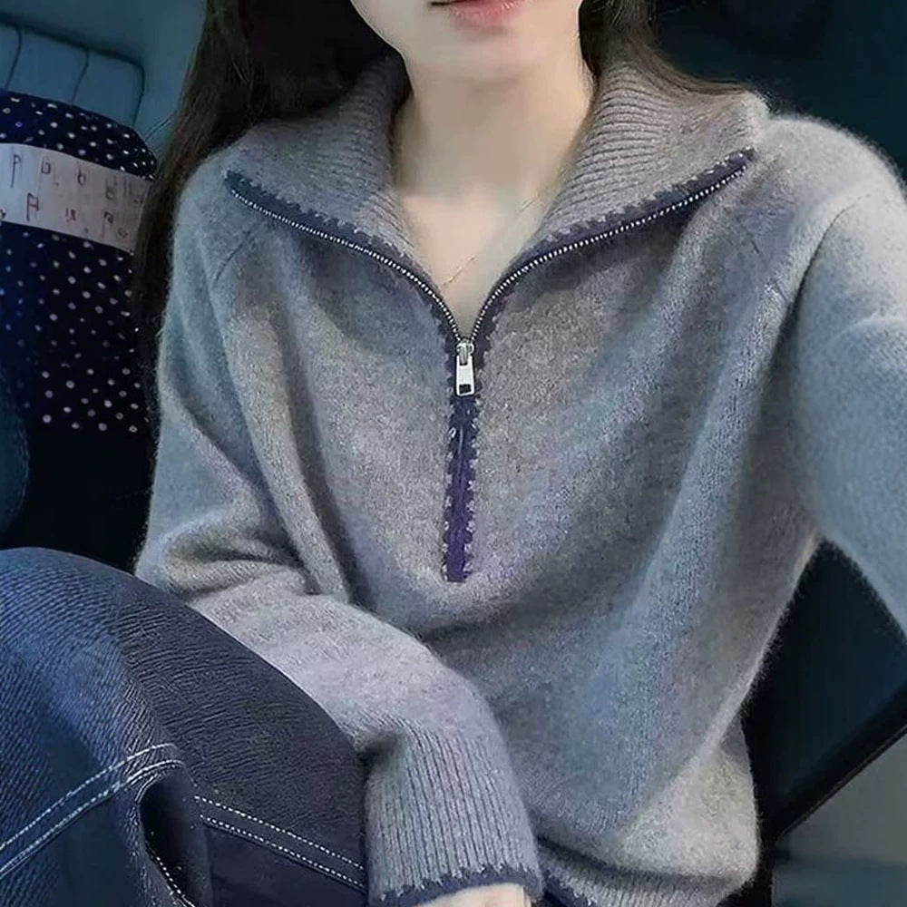 Loose knit sweater with zipper and lapel collar