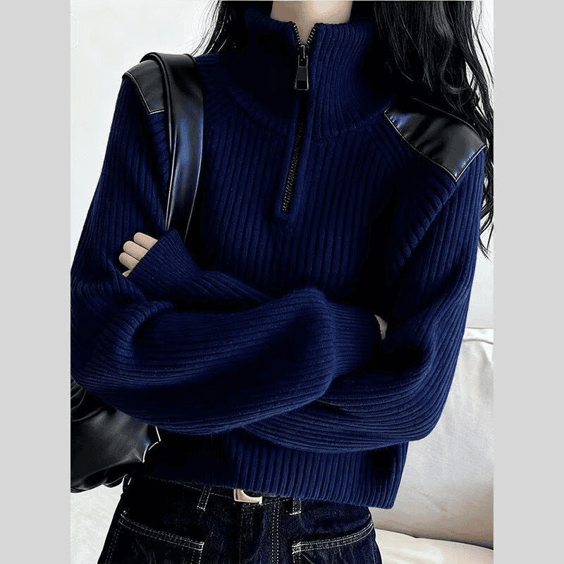 Women's knitted sweater with zipper and stand-up collar