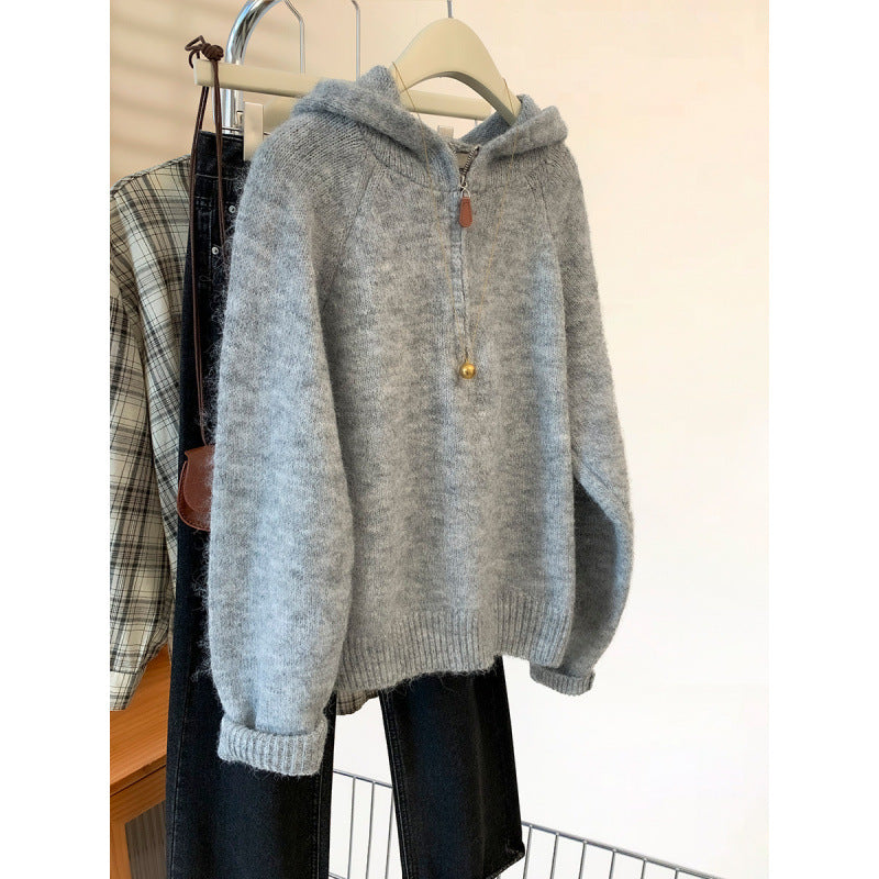 Women's knit hoodie with half zip