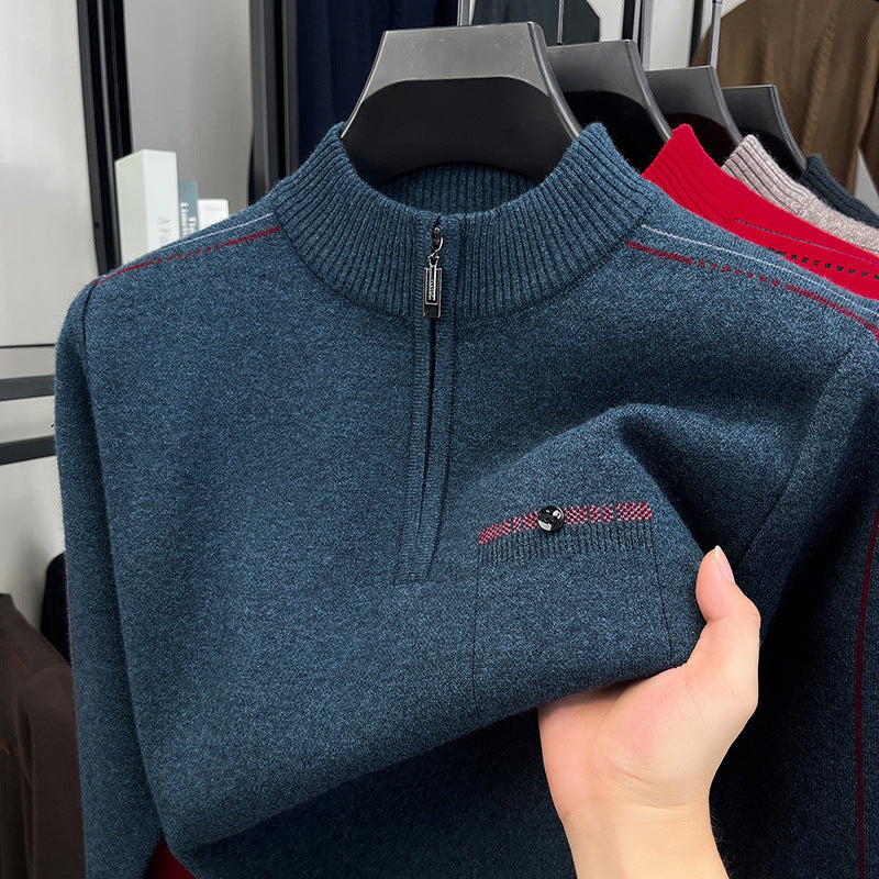 Men's knit sweater with stand-up collar and zipper
