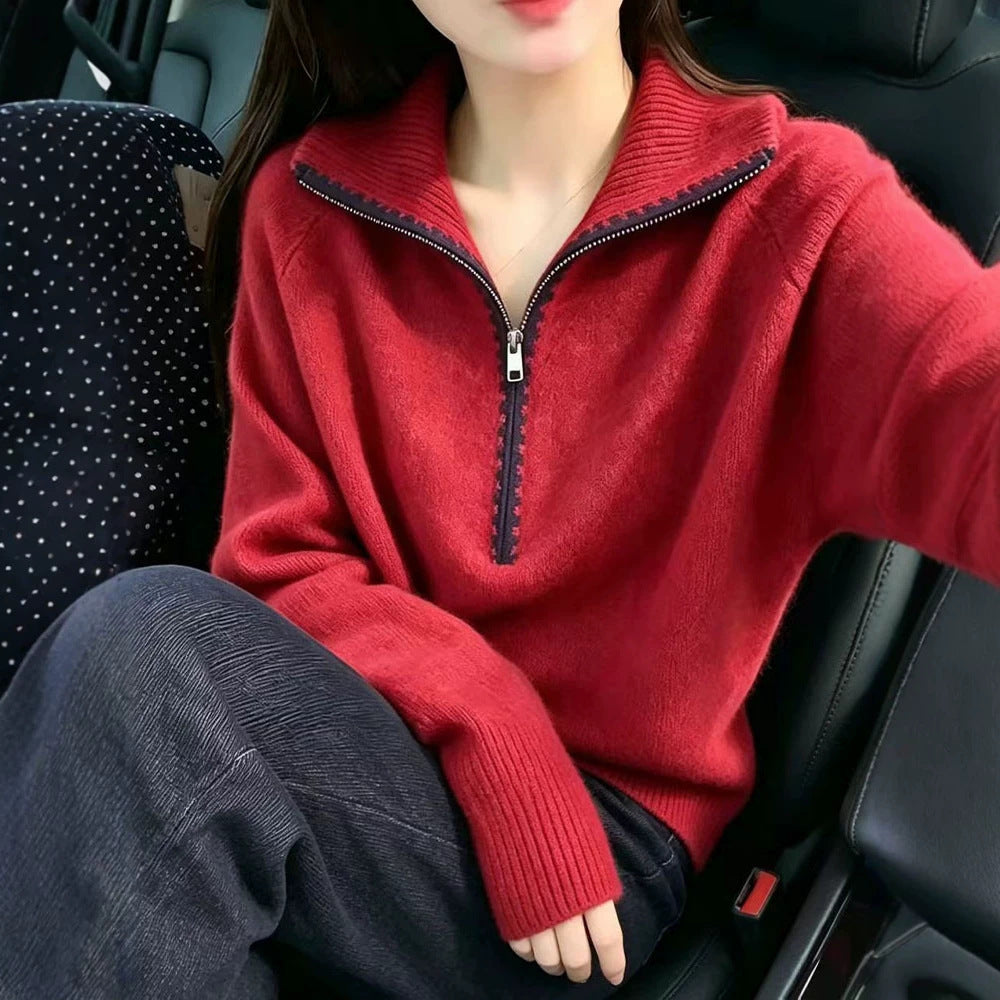 Loose knit sweater with zipper and lapel collar
