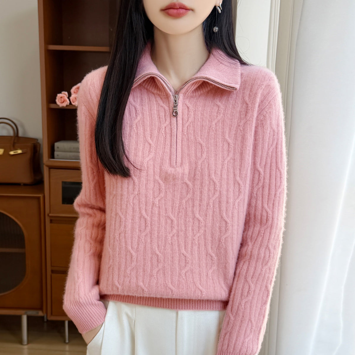 Women's wool pullover with zipper and cable pattern