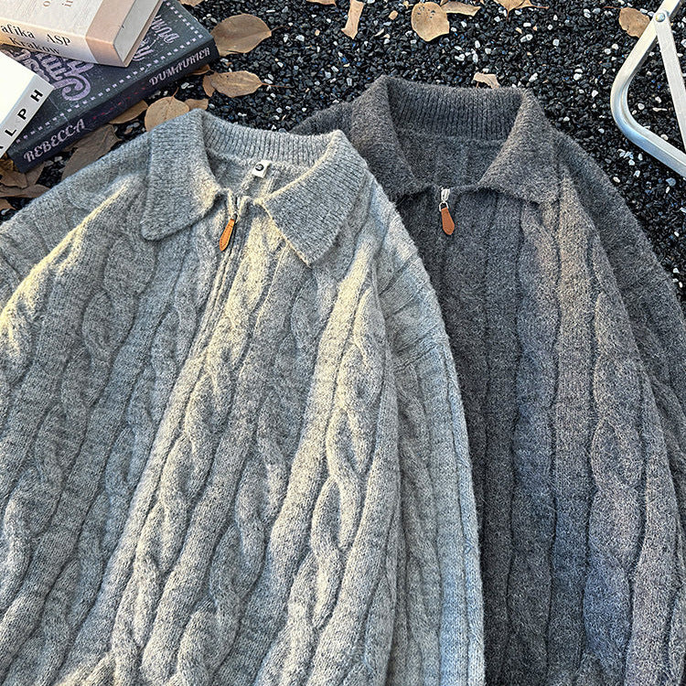 Men's knitted sweater with zipper and cable pattern
