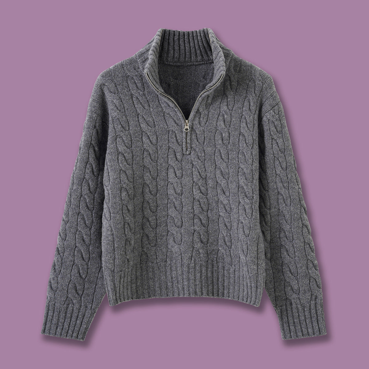 Cable knit sweater with zipper and embroidery
