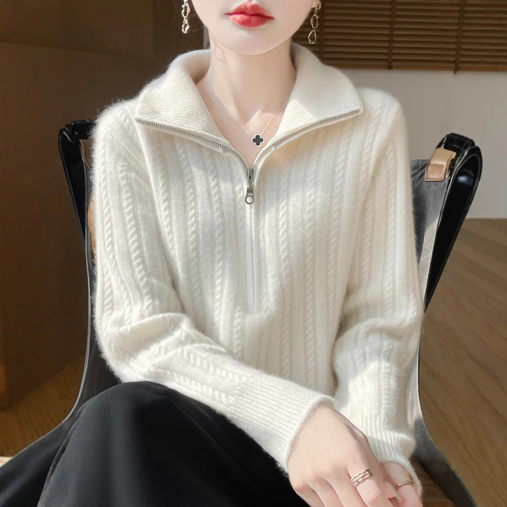 Women's wool sweater with cable pattern and half zipper