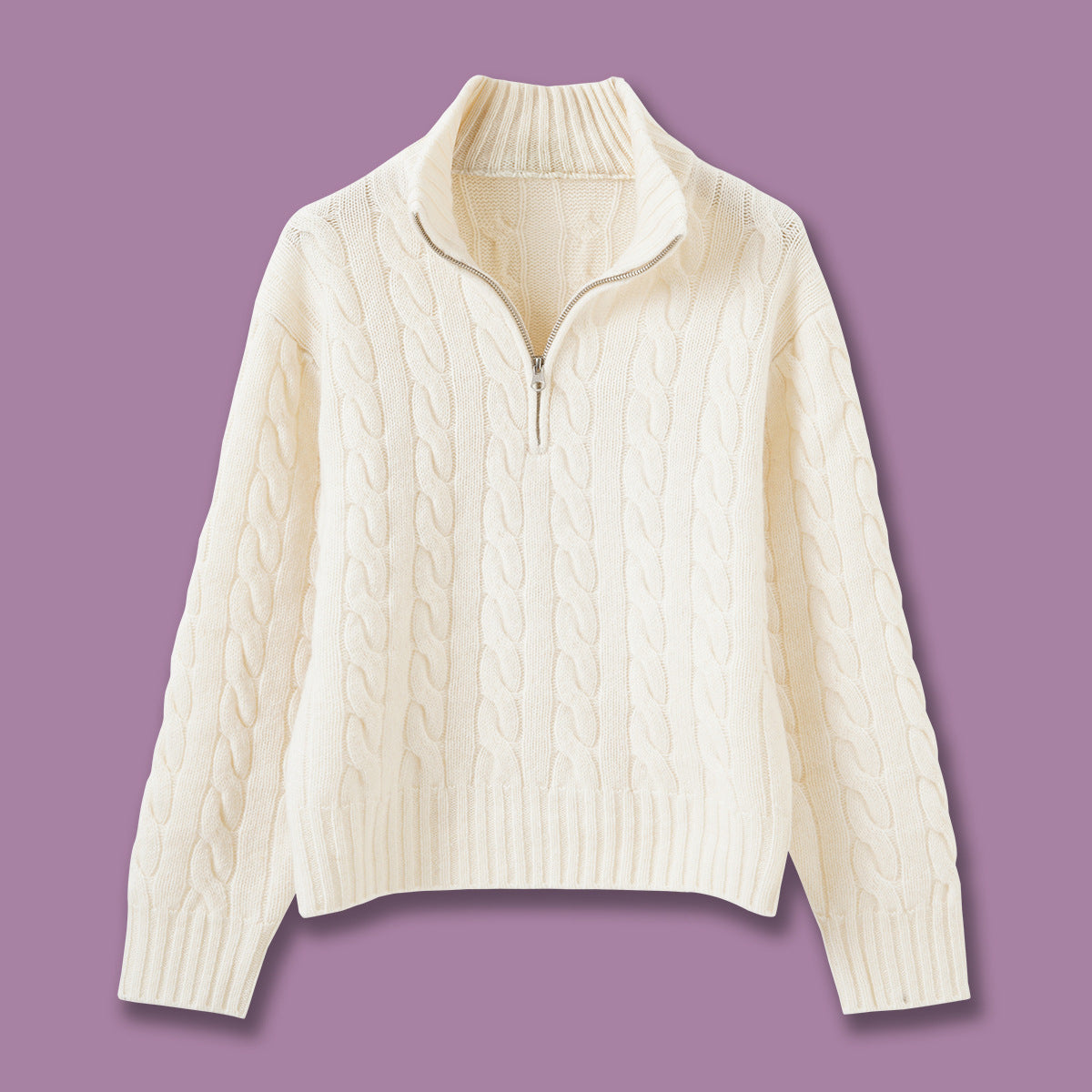 Cable knit sweater with zipper and embroidery