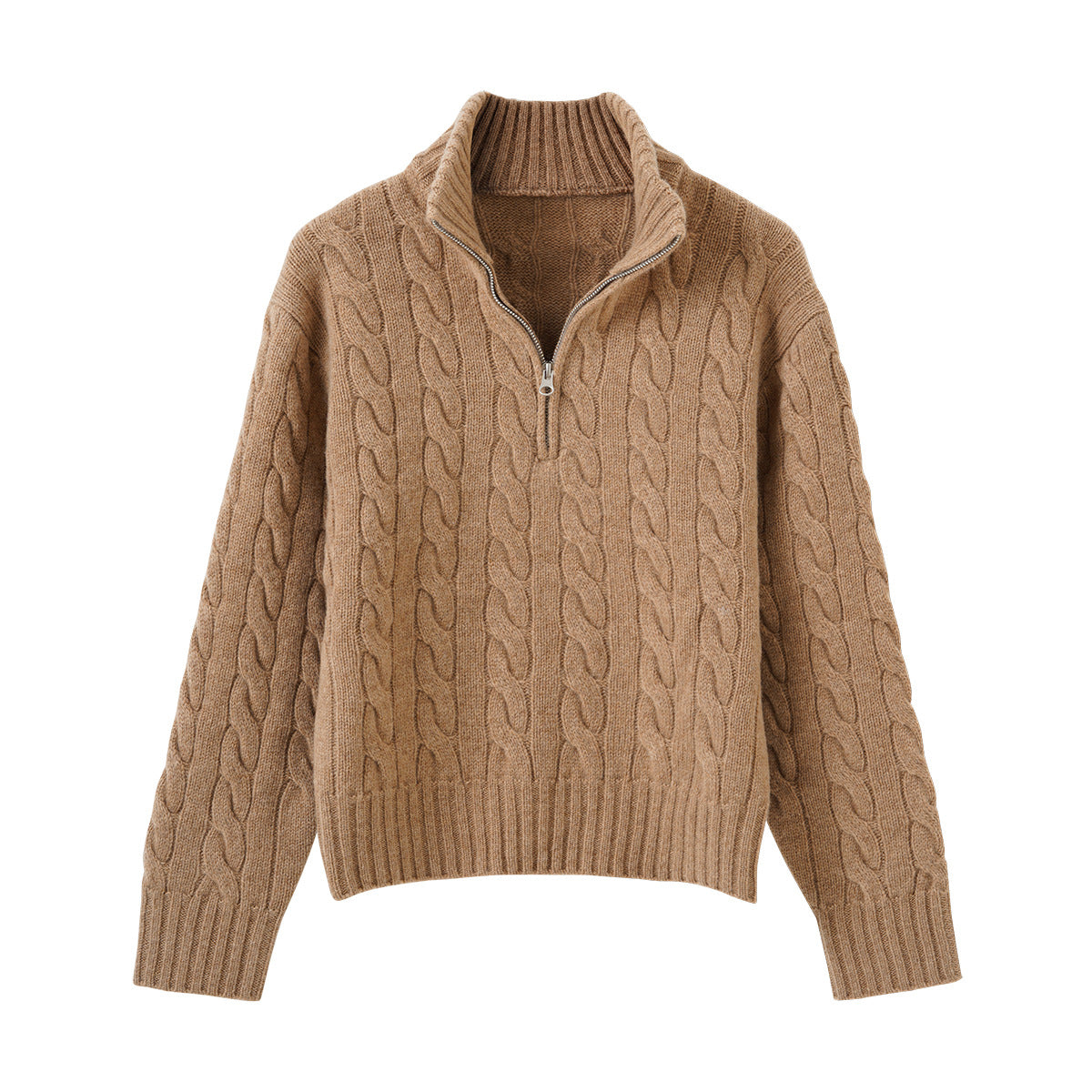 Cable knit sweater with zipper and embroidery