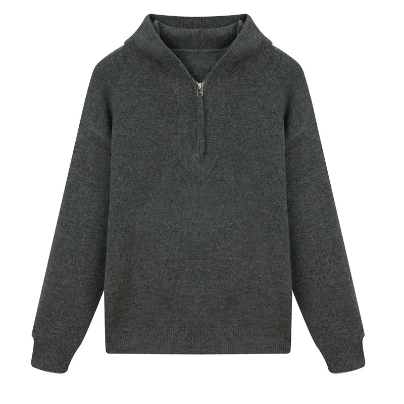 Modern men's knit sweater with hood and zipper