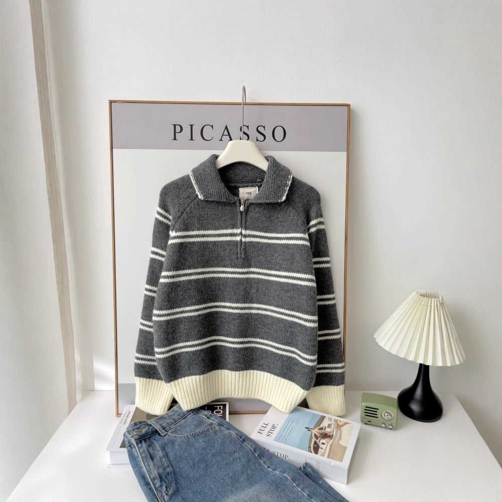 Women's knitted pullover with stripes and zipper