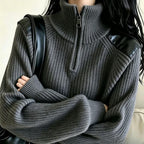 Women's knitted sweater with zipper and stand-up collar