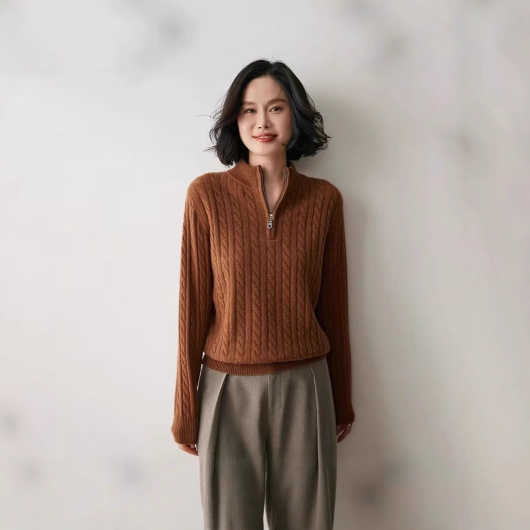 Women's knit pullover with zipper and cable pattern