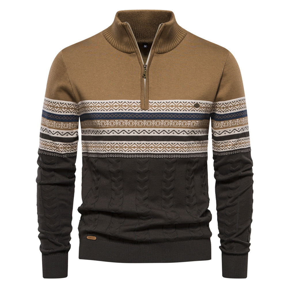 Modern men's knit sweater with stand-up collar