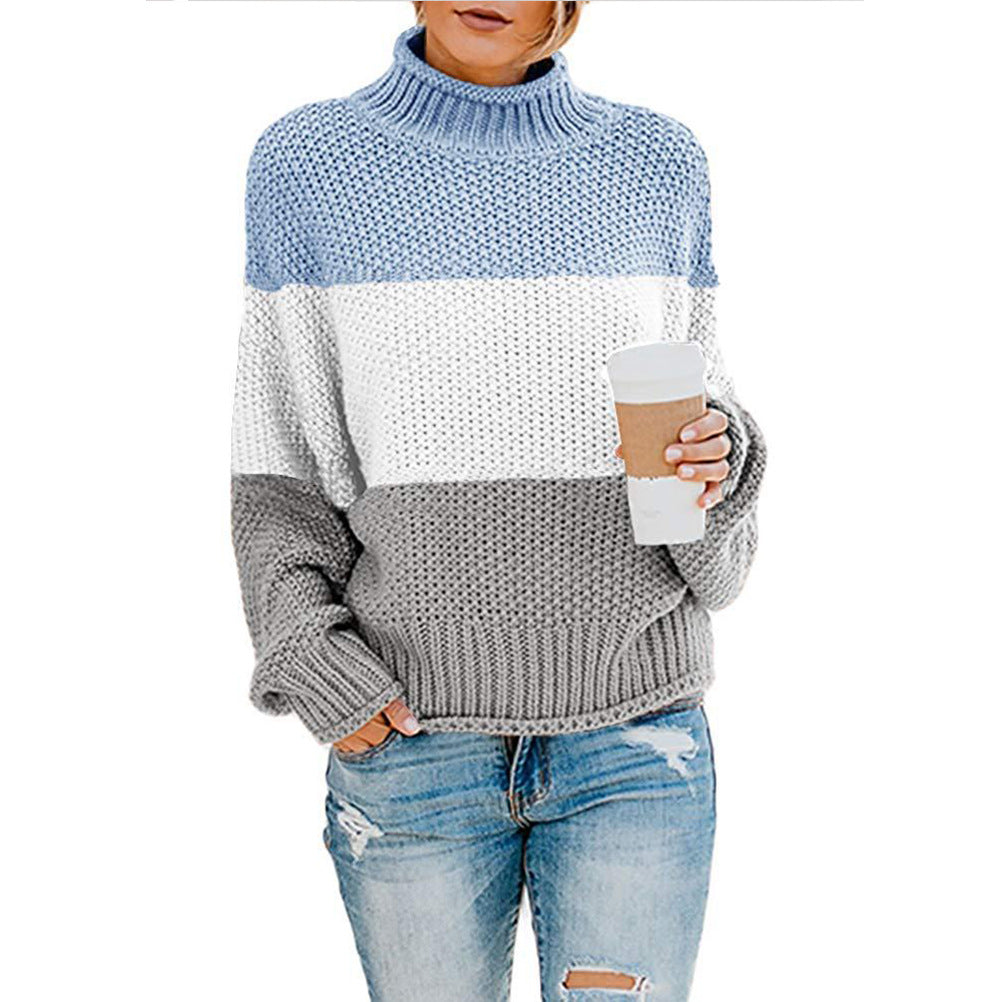 Women chunky knit sweater with stand-up collar, block stripes and oversized fit Fashion Glam