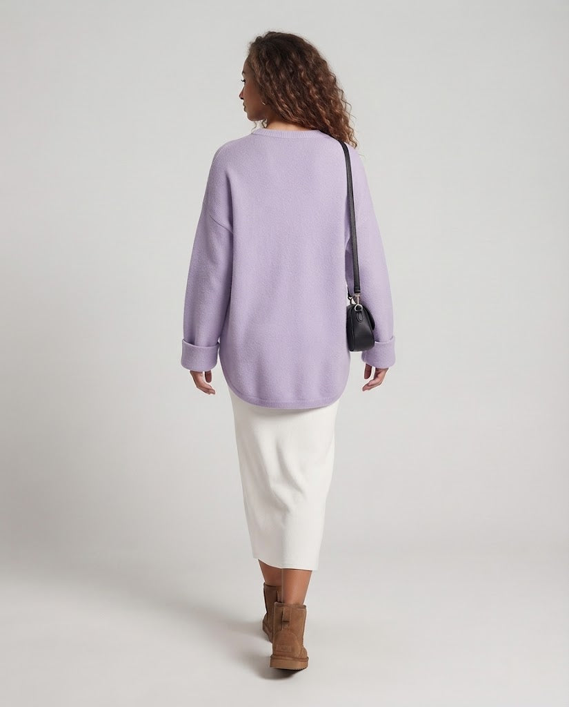 Ladies Oversize Long Sweater in Mohair Look with Round Neck, Drop Shoulder and Side Slit Fashion Glam