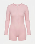 Women's ribbed jumpsuit with continuous button placket and snap button crotch Fashion Glam