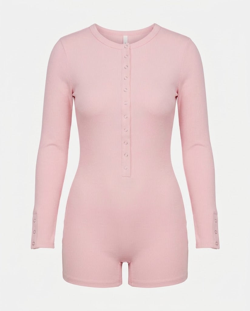 Women's ribbed jumpsuit with continuous button placket and snap button crotch Fashion Glam