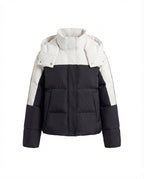 Women's short two-tone quilted short coat with removable collar trim and sporty sleeve stripes