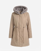 Women's knee-length thermoparkas with removable teddy hood, drawstring waist and concealed front flap