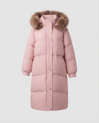 Women's longer quilted winter parka with feminine A-line, detachable hood, and extra large side pockets