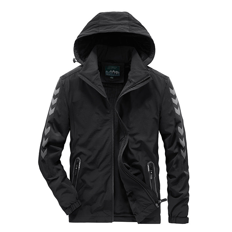 Men's water-repellent softshell jacket with hood, reflective chevron stripes and zippered pockets Fashion Glam