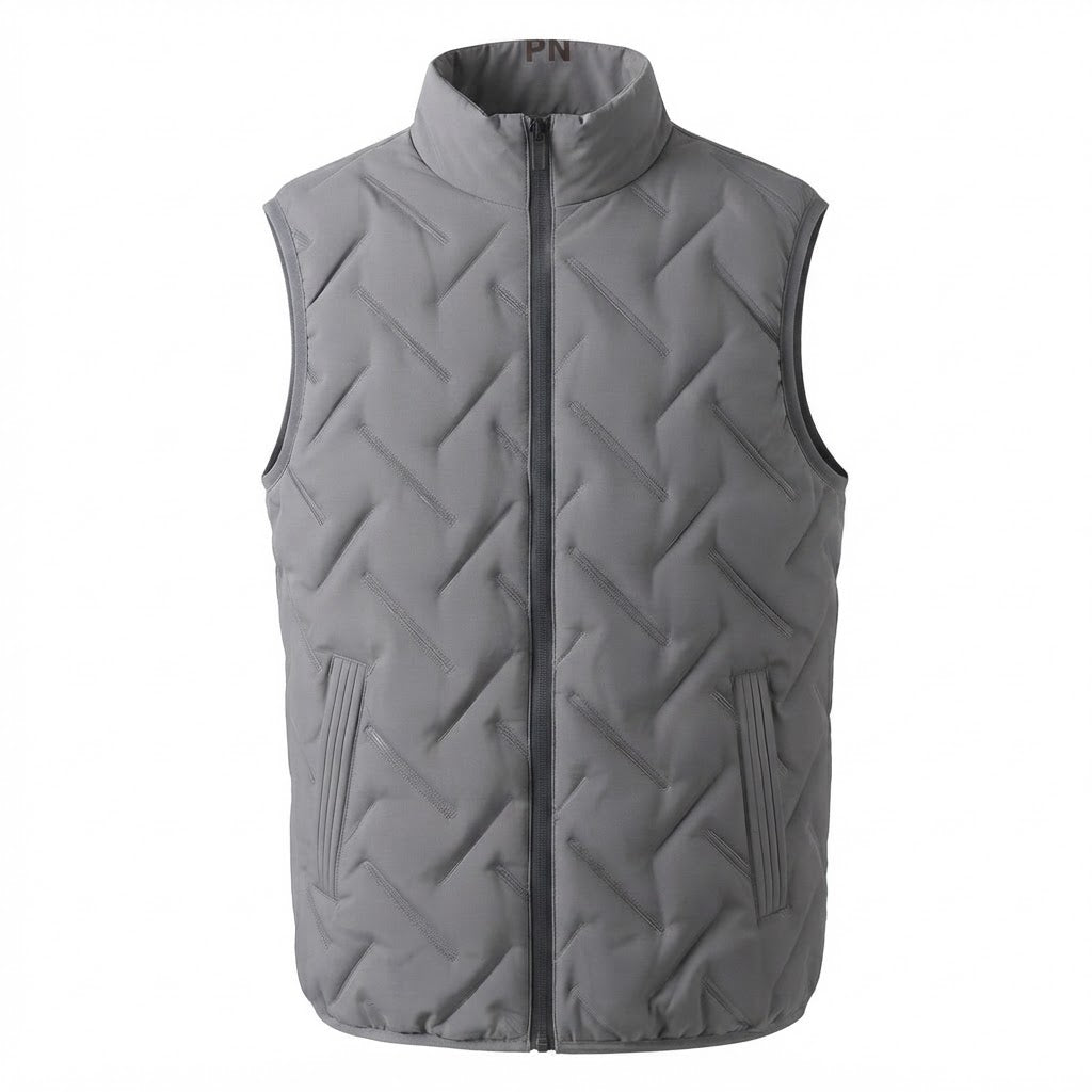 Men's light padded chevron quilted vest with high stand-up collar and concealed zip pockets