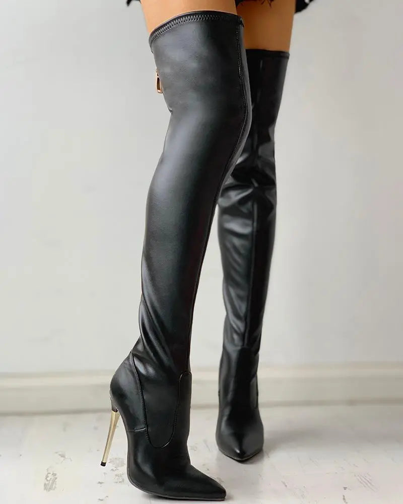 Fashion Glam | Overknee Boots with Golden Heel and Zipper Detail