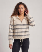 Women's fluffy mohair-blend pullover with oversized sailor collar, half zipper, and drawstring Fashion Glam