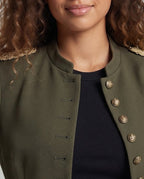 Women Cropped Parade Jacket with Gold Epaulettes and Decorative Knot Trimmings Fashion Glam