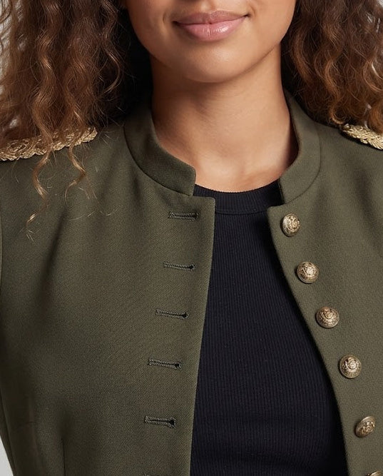 Women Cropped Parade Jacket with Gold Epaulettes and Decorative Knot Trimmings Fashion Glam