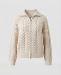 Women's Boxy Braided Knit Jacket with Short Cut, Front Zipper and Wide Stand-up Collar Fashion Glam