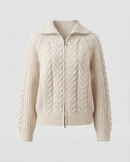 Women's Boxy Braided Knit Jacket with Short Cut, Front Zipper and Wide Stand-up Collar Fashion Glam