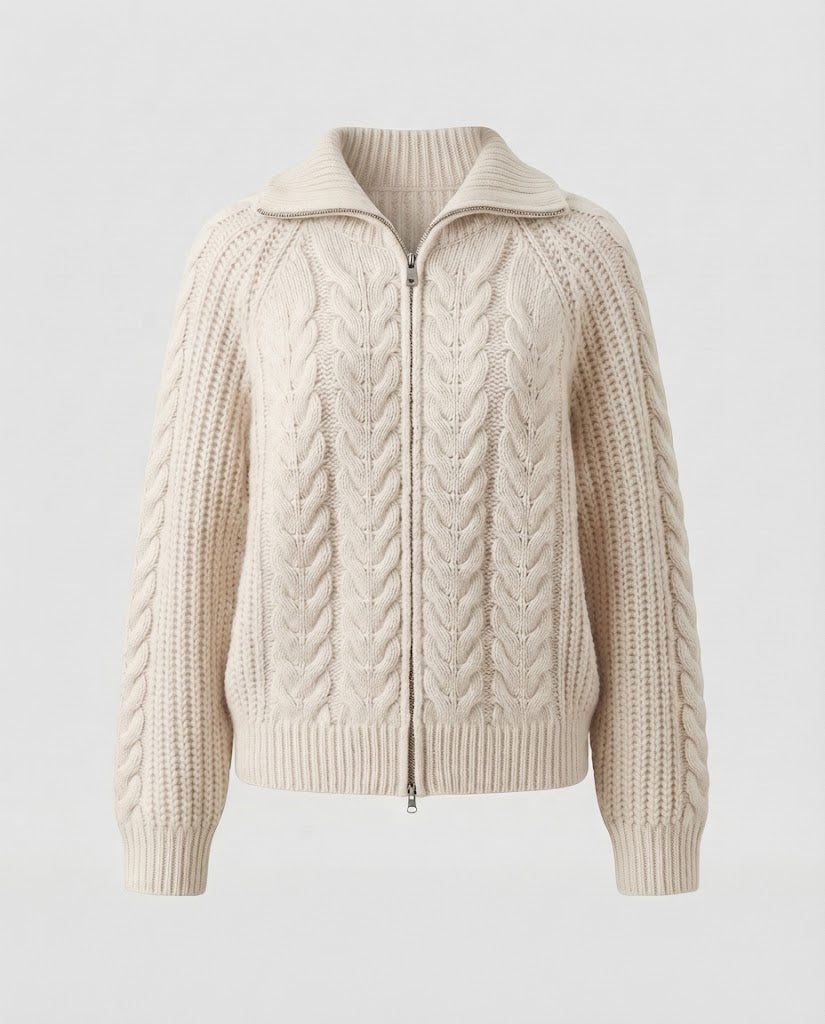 Women's Boxy Braided Knit Jacket with Short Cut, Front Zipper and Wide Stand-up Collar Fashion Glam