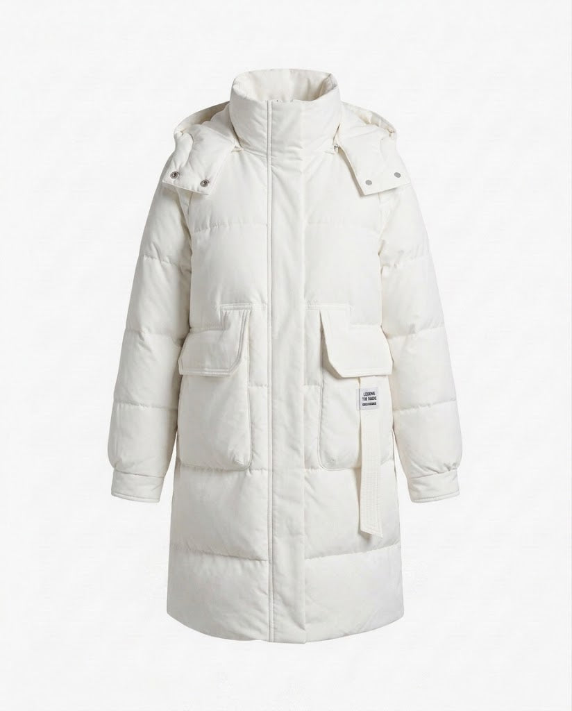 Women's longer padded quilted coat with high stand-up collar, concealed front placket and large patch pockets.