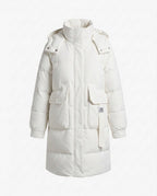 Women's longer padded quilted coat with high stand-up collar, concealed front placket and large patch pockets.