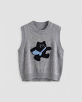 Women Knitted Sleeveless Vest with Embroidered Cat Motif and Ribbed Cuffs Fashion Glam