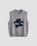 Women Knitted Sleeveless Vest with Embroidered Cat Motif and Ribbed Cuffs Fashion Glam