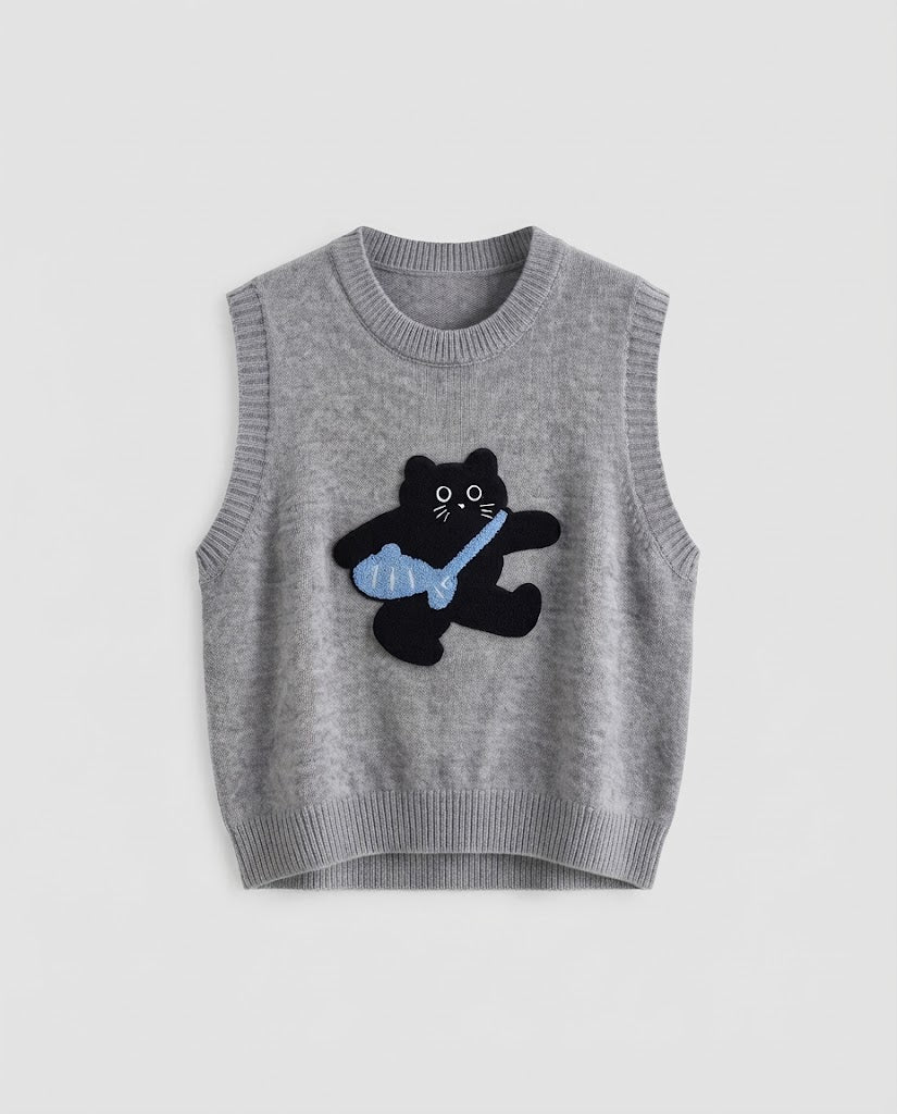 Women Knitted Sleeveless Vest with Embroidered Cat Motif and Ribbed Cuffs Fashion Glam