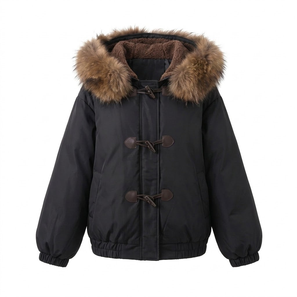 Women's nano short thermo bomber with detachable faux fur collar and teddy hood lining