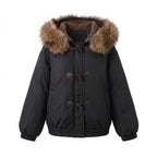 Women's nano short thermo bomber with detachable faux fur collar and teddy hood lining