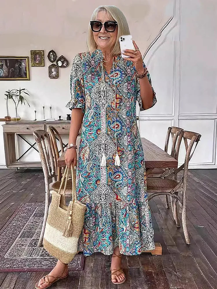 LUNESTRA – BOHO DRAWSTRING NECK MAXI DRESS